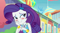 Size: 1920x1080 | Tagged: safe, screencap, rarity, better together, equestria girls, rollercoaster of friendship, blushing, cute, geode of shielding, raribetes, smiling, solo