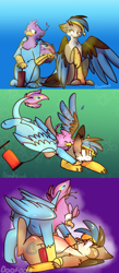 Size: 1278x2941 | Tagged: safe, artist:doqfood, oc, oc only, oc:gertrude, oc:gyro feather, oc:gyro tech, griffon, comic, floating, griffonized, inflatable, inflation, pool toy, pounce, pump, species swap, tackle