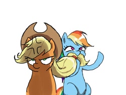 Size: 900x675 | Tagged: safe, artist:puri__kyua, derpibooru import, applejack, rainbow dash, earth pony, pegasus, pony, angry, applejack is not amused, beard, cross-popping veins, cute, facial hair, female, funny, i moustache you a question, mare, silly, simple background, this will end in pain, this will not end well, unamused, white background