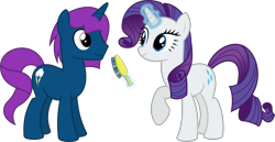 Size: 12444x6400 | Tagged: safe, artist:parclytaxel, rarity, oc, oc:thunder glade, pony, unicorn, .svg available, absurd resolution, alternate hairstyle, commission, female, hairbrush, levitation, magic, makeover, male, mare, raised hoof, simple background, stallion, telekinesis, transparent background, vector