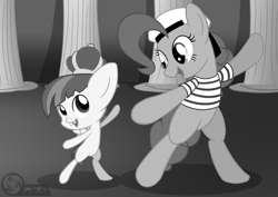 Size: 3508x2480 | Tagged: safe, artist:az-derped-unicorn, featherweight, pinkie pie, earth pony, pony, anchors aweigh, grayscale, monochrome