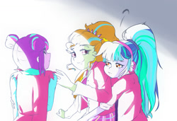 Size: 1500x1024 | Tagged: safe, artist:amazingpuffhair, adagio dazzle, aria blaze, sonata dusk, equestria girls, alternate costumes, alternate hairstyle, clothes, crystal prep academy uniform, cute, headphones, looking at you, ponytail, school uniform, smiling, the dazzlings