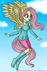 Size: 1500x2300 | Tagged: safe, artist:osipush, fluttershy, human, alternative cutie mark placement, clothes, eared humanization, floating, humanized, missing shoes, ponied up, socks, solo, tailed humanization, winged humanization