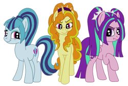 Size: 695x467 | Tagged: safe, artist:squipycheetah, adagio dazzle, aria blaze, sonata dusk, earth pony, pegasus, pony, unicorn, equestria girls, rainbow rocks, crossed hooves, crossed legs, equestria girls ponified, grumpy, looking at you, looking back, ponified, ponytail, raised hoof, simple background, smiling, smirk, the dazzlings, transparent background, trio