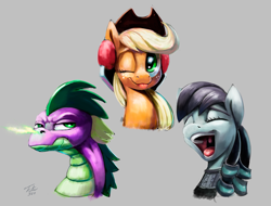 Size: 1200x914 | Tagged: safe, artist:tsitra360, applejack, coloratura, spike, dragon, earth pony, pony, :p, clothes, cowboy hat, cute, eyes closed, fire, freckles, frown, glare, green fire, happy, hat, older, open mouth, practice drawing, quickie, rara, signature, singing, smiling, snorting, speedpaint, stetson, the magic inside, tongue out, unamused, uvula, wink