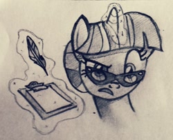 Size: 834x677 | Tagged: safe, artist:the sexy assistant, derpibooru import, twilight sparkle, lesson zero, alternate hairstyle, glasses, hair bun, magic, monochrome, pencil drawing, raised eyebrow, redraw, scene interpretation, therapist, traditional art