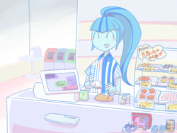 Size: 1400x1050 | Tagged: safe, artist:steve, sonata dusk, equestria girls, blushing, cash register, eyes closed, food, japanese, pixiv, scanner, solo, store, twiman