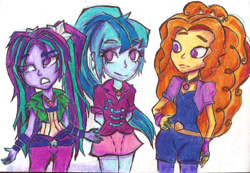 Size: 1125x780 | Tagged: safe, artist:sensaii, adagio dazzle, aria blaze, sonata dusk, equestria girls, rainbow rocks, annoyed, cute, drawing, frown, looking at you, smiling, sonatabetes, the dazzlings, traditional art