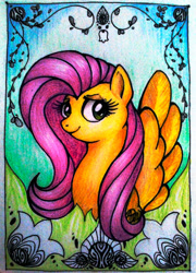 Size: 800x1114 | Tagged: safe, artist:mati0la, fluttershy, pegasus, pony, bust, flower, ornament, portrait, smiling, solo, traditional art