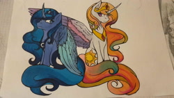 Size: 3264x1836 | Tagged: safe, artist:muserkikki, princess celestia, princess luna, alicorn, pony, colored wings, crown, female, jewelry, mare, regalia, royal sisters, traditional art