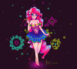 Size: 586x522 | Tagged: safe, artist:liliumena, pinkie pie, anthro, clothes, female, pink hair, pink skin, smiling, solo