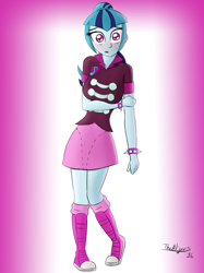 Size: 1280x1707 | Tagged: safe, artist:thealjavis, sonata dusk, equestria girls, blushing, boots, clothes, female, looking at you, shoes, skirt, solo, spiked wristband, wristband