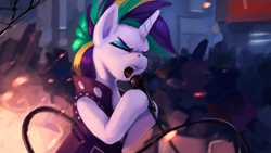 Size: 1100x619 | Tagged: safe, artist:rodrigues404, rarity, pony, unicorn, it isn't the mane thing about you, alternate hairstyle, clothes, concert, eyes closed, female, jacket, leather jacket, mare, microphone, punk, raripunk, singing, solo