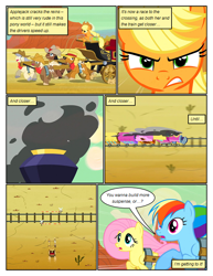 Size: 612x792 | Tagged: safe, artist:newbiespud, derpibooru import, edit, edited screencap, screencap, applejack, fluttershy, rainbow dash, earth pony, pegasus, pony, comic:friendship is dragons, the last roundup, background pony, carriage, comic, cowboy hat, desert, dialogue, female, gritted teeth, harness, hat, male, mare, running, screencap comic, sitting, smoke, stallion, stetson, tack, train, train tracks, unshorn fetlocks, worried