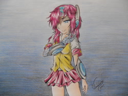 Size: 800x600 | Tagged: safe, artist:ravenarkk, pinkie pie, human, armband, armor, clothes, crossover, gradient background, grin, headphones, humanized, manga style, pinkamena diane pie, pleated skirt, shirt, skirt, smiling, traditional art