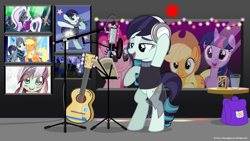 Size: 3619x2037 | Tagged: safe, artist:jhayarr23, derpibooru import, applejack, coloratura, pinkie pie, twilight sparkle, twilight sparkle (alicorn), alicorn, earth pony, pony, bipedal, countess coloratura, guitar, recording studio, wallpaper