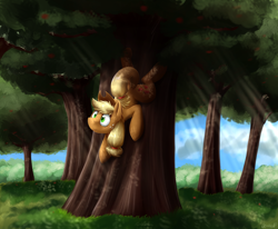 Size: 1642x1354 | Tagged: safe, artist:otakuap, applejack, earth pony, pony, squirrel, behaving like a squirrel, crepuscular rays, flexible, frown, grass, hoof hold, silly, silly pony, solo, tree, wat, who's a silly pony, wide eyes