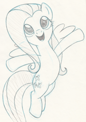 Size: 2154x3037 | Tagged: safe, artist:updownstrange, fluttershy, pegasus, pony, cute, monochrome, shyabetes, singing, solo, traditional art