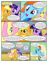 Size: 612x792 | Tagged: safe, artist:newbiespud, derpibooru import, edit, edited screencap, screencap, applejack, fluttershy, rainbow dash, twilight sparkle, unicorn twilight, earth pony, pegasus, pony, unicorn, comic:friendship is dragons, the last roundup, cloud, comic, desert, dialogue, eyes closed, female, flying, freckles, mare, sad, screencap comic, smiling