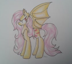 Size: 1536x1375 | Tagged: safe, artist:starlightwantscookie, fluttershy, bat pony, pony, flutterbat, newbie artist training grounds, race swap, solo, traditional art