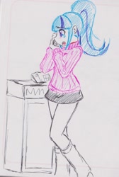 Size: 1482x2199 | Tagged: safe, artist:orochivanus, sonata dusk, equestria girls, clothes, crying, ponytail, skirt, socks, solo, sweater, telephone, traditional art