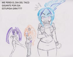 Size: 2825x2220 | Tagged: safe, artist:orochivanus, adagio dazzle, aria blaze, sonata dusk, equestria girls, angry, spanish, sweatdrop, traditional art, unamused