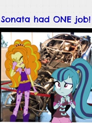 Size: 899x1200 | Tagged: safe, adagio dazzle, sonata dusk, equestria girls, facepalm, meme, nascar, wreck, you had one job