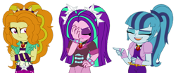 Size: 900x376 | Tagged: safe, artist:cbear624, adagio dazzle, aria blaze, sonata dusk, equestria girls, blushing, clothes swap, embarrassed, laughing, simple background, the dazzlings, transparent background