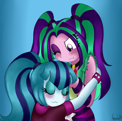 Size: 2016x2000 | Tagged: safe, artist:queentigrel, aria blaze, sonata dusk, equestria girls, rainbow rocks, arisona, blushing, female, flirting, high res, hug, lesbian, shipping, tsundere