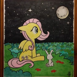 Size: 2448x2448 | Tagged: safe, artist:fritofredrik, angel bunny, fluttershy, pegasus, pony, duo, full moon, looking away, looking up, moon, night, sitting, stars, traditional art