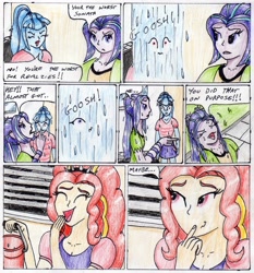 Size: 2316x2483 | Tagged: safe, artist:40kponyguy, derpibooru exclusive, adagio dazzle, aria blaze, sonata dusk, equestria girls, adoragio, comic, cute, laughing, the dazzlings, thousand yard stare, traditional art