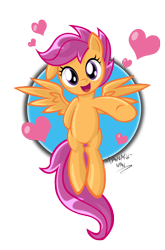 Size: 1984x3000 | Tagged: safe, artist:danmakuman, scootaloo, pegasus, pony, abstract background, cute, cutealoo, ear down, female, filly, floating, heart, looking at you, solo, spread wings, valentine's day, wings