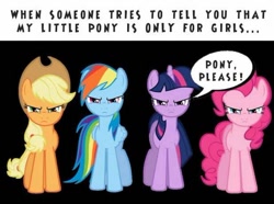 Size: 618x461 | Tagged: safe, derpibooru import, applejack, pinkie pie, rainbow dash, twilight sparkle, earth pony, pegasus, pony, 2011, brony, in-universe pegasister, looking at you, meme, narrowed eyes, speech bubble