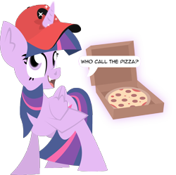 Size: 7263x7239 | Tagged: safe, artist:zvn, derpibooru import, twilight sparkle, twilight sparkle (alicorn), alicorn, pony, absurd resolution, cap, female, hat, hooves, horn, lineless, mare, open mouth, pizza, pizza delivery, simple background, solo, transparent background, wings