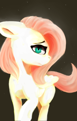 Size: 504x792 | Tagged: safe, artist:minckies, fluttershy, pegasus, pony, bright, floppy ears, folded wings, head turn, lidded eyes, looking at you, solo