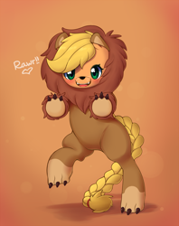 Size: 1000x1264 | Tagged: safe, artist:joyfulinsanity, applejack, earth pony, pony, applelion, clothes, costume, cute, fangs, looking at you, rearing, solo