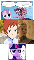 Size: 696x1203 | Tagged: safe, artist:slb94, derpibooru import, diamond tiara, twilight sparkle, twilight sparkle (alicorn), alicorn, pony, spoiler:comic, desil, female, game of thrones, gundam, gundam age, joffrey baratheon, mare, op is a cuck, op is trying to start shit, twilight justifies evil meme, vulgar