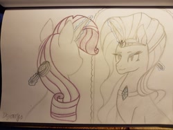 Size: 1024x768 | Tagged: safe, artist:dyonys, nightmare rarity, rarity, pony, unicorn, duality, female, magic, mare, traditional art