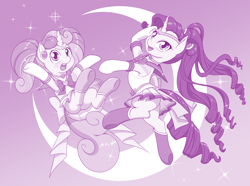 Size: 3628x2692 | Tagged: safe, artist:dstears, rarity, sweetie belle, pony, unicorn, beautiful, clothes, cosplay, costume, crescent moon, cute, female, filly, mare, monochrome, moon, pose, pretty, purple, reference, sailor moon, sailor scout, sailor senshi, sailor uniform, smiling