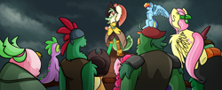 Size: 1763x716 | Tagged: safe, artist:draconic-vulcano, artist:voxaz, derpibooru import, applejack, boyle, captain celaeno, fluttershy, lix spittle, mullet (character), murdock, pinkie pie, rainbow dash, spike, dragon, earth pony, pegasus, pony, my little pony: the movie, female, flying, male, mare, parrot pirates, pirate, pirate ship, scene interpretation, storm, time to be awesome