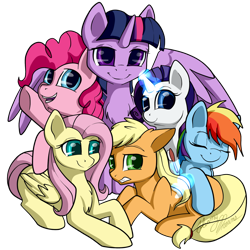 Size: 1280x1280 | Tagged: safe, artist:gleamydreams, derpibooru import, applejack, fluttershy, pinkie pie, rainbow dash, rarity, twilight sparkle, twilight sparkle (alicorn), alicorn, earth pony, pegasus, pony, unicorn, brush, chest fluff, cute, ear fluff, female, glowing horn, horn, looking at you, loose hair, magic, mane six, mare, open mouth, prone, signature, simple background, telekinesis, transparent background