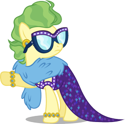 Size: 859x850 | Tagged: safe, artist:seahawk270, fluttershy, pegasus, pony, viva las pegasus, bracelet, clothes, disguise, ear piercing, eyes closed, impossibly rich, jewelry, piercing, raised hoof, simple background, solo, sunglasses, transparent background, vector