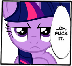 Size: 360x330 | Tagged: safe, artist:slb94, derpibooru import, twilight sparkle, dialogue, reaction, solo, speech bubble, vulgar