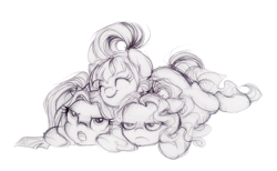 Size: 1224x752 | Tagged: safe, artist:buttersprinkle, adagio dazzle, aria blaze, sonata dusk, equestria girls, cuddle puddle, cuddling, grumpy, monochrome, ponified, pony pile, simple background, sketch, snuggling, the dazzlings, traditional art, white background