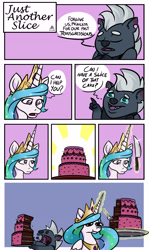 Size: 4035x6751 | Tagged: safe, artist:poecillia-gracilis19, grubber, princess celestia, alicorn, pony, my little pony: the movie, absurd resolution, bait and switch, cake, cakelestia, comic, food, knife, magic