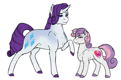 Size: 2413x1605 | Tagged: safe, artist:minsona, rarity, sweetie belle, pony, unicorn, colored hooves, cutie mark, duo, female, filly, lidded eyes, mare, raised hoof, simple background, sisters, the cmc's cutie marks, white background