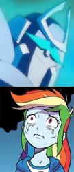 Size: 334x773 | Tagged: safe, derpibooru import, edit, idw, rainbow dash, equestria girls, spoiler:comicequestriagirlsmarchradness, crying, prowl, smiling, transformers, transformers animated