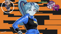 Size: 2560x1440 | Tagged: safe, artist:ngrycritic, sonata dusk, rabbit, equestria girls, animal, badge, clothes, cosplay, crossover, cute, disney, female, judy hopps, looking at you, one eye closed, police uniform, smiling, smiling at you, solo focus, sonatabetes, style emulation, uotapo-ish, wink, zootopia