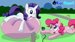 Size: 2560x1440 | Tagged: safe, artist:rupertbluefox, pinkie pie, rarity, earth pony, pony, unicorn, series:30 dayz of pinks, balloon, balloon sitting, blowing up balloons, inflation, park, pump