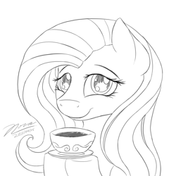 Size: 1024x1024 | Tagged: safe, artist:novaintellus, fluttershy, pegasus, pony, cute, drink, food, monochrome, newbie artist training grounds, shyabetes, solo, tea, teacup